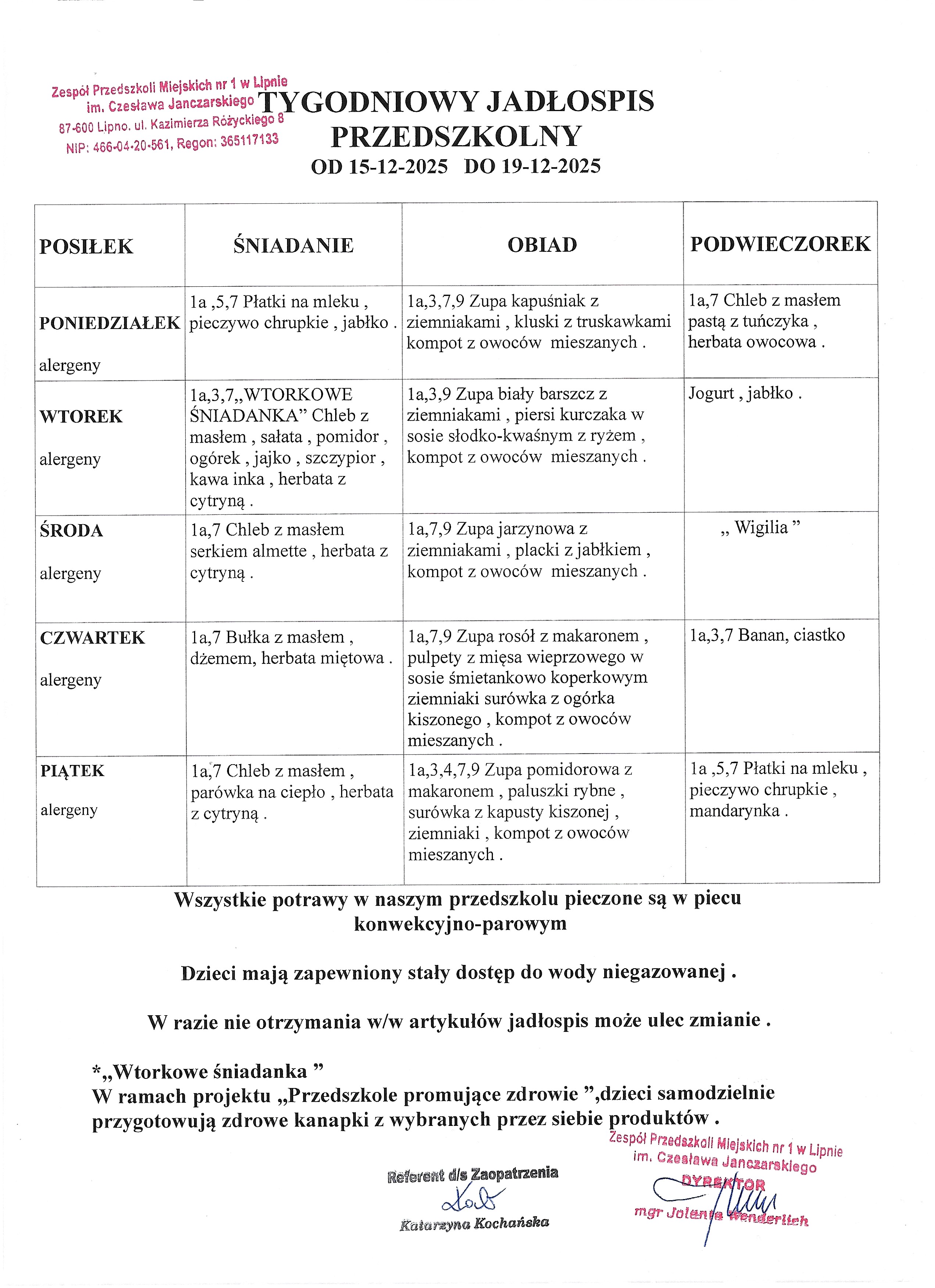 Tygodniowy jadłospis przedszkolny 15.12-19.12
