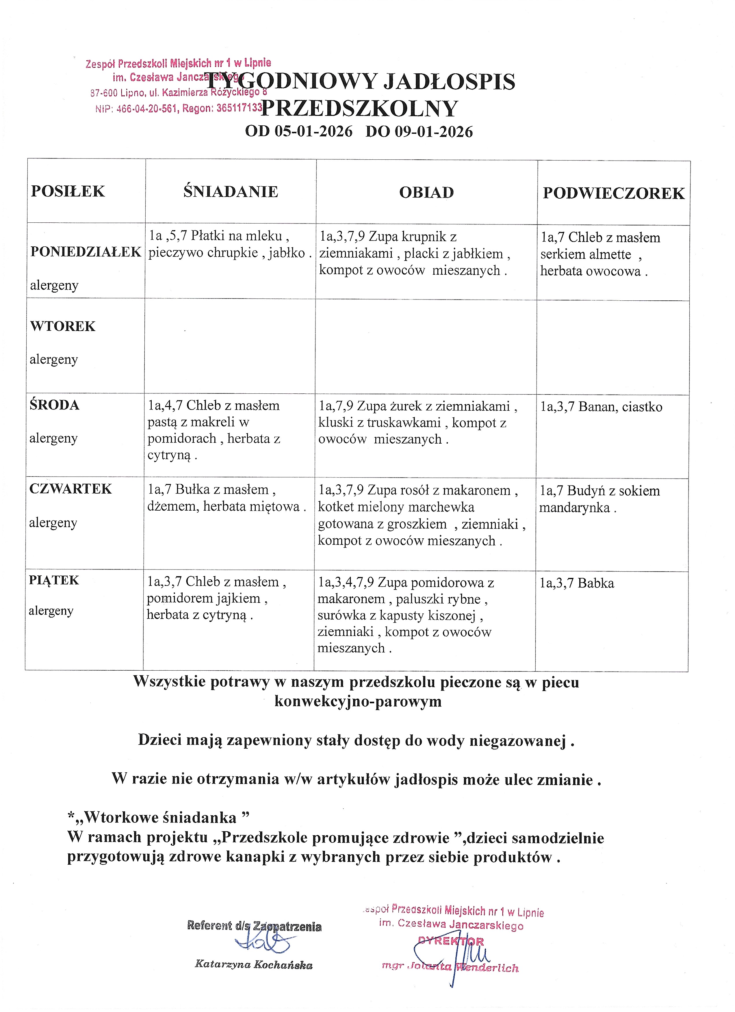 Tygodniowy jadłospis przedszkolny 05.01. - 09.01.