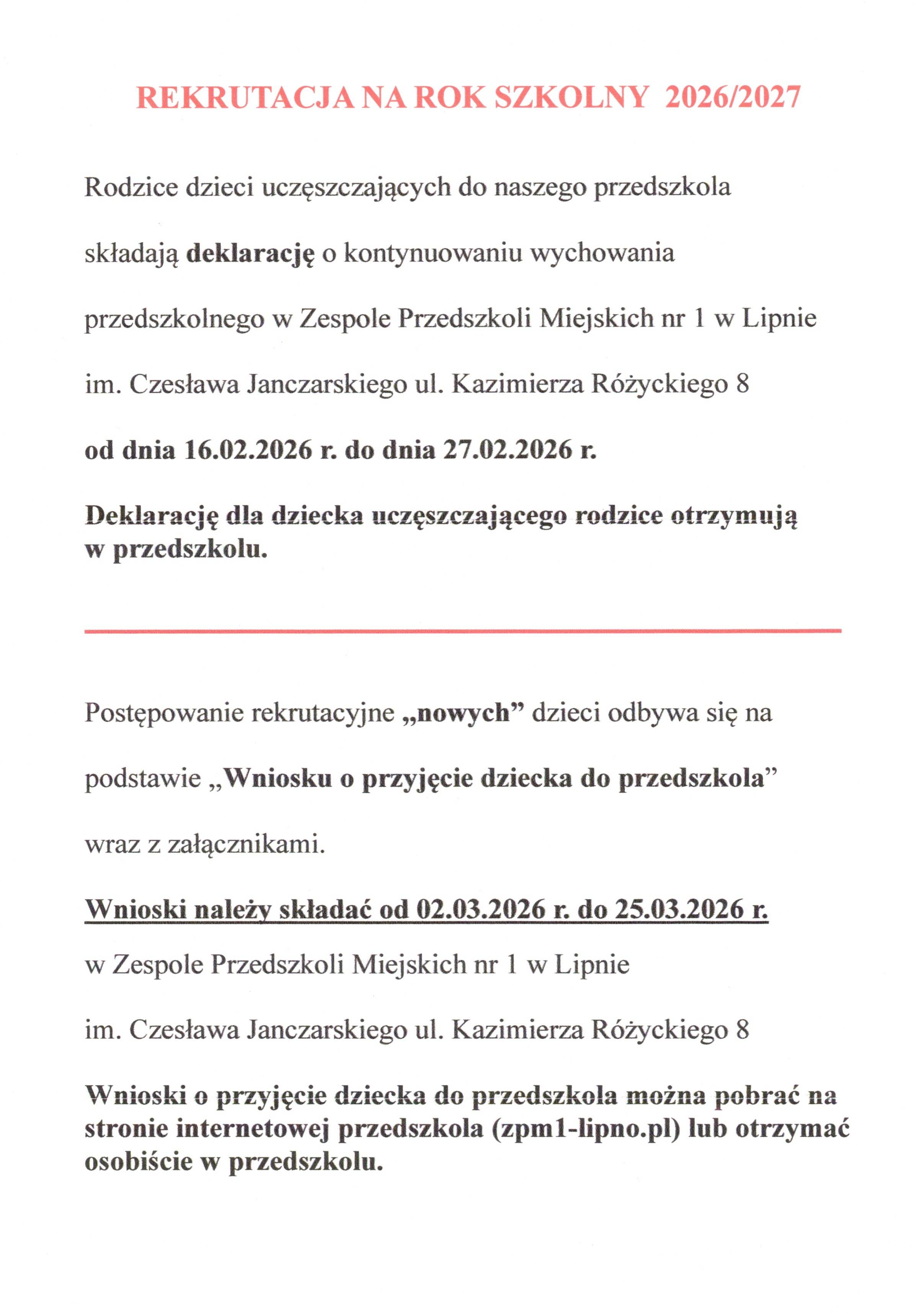 REKRUTACJA  NA ROK SZKOLNY  2026/2027