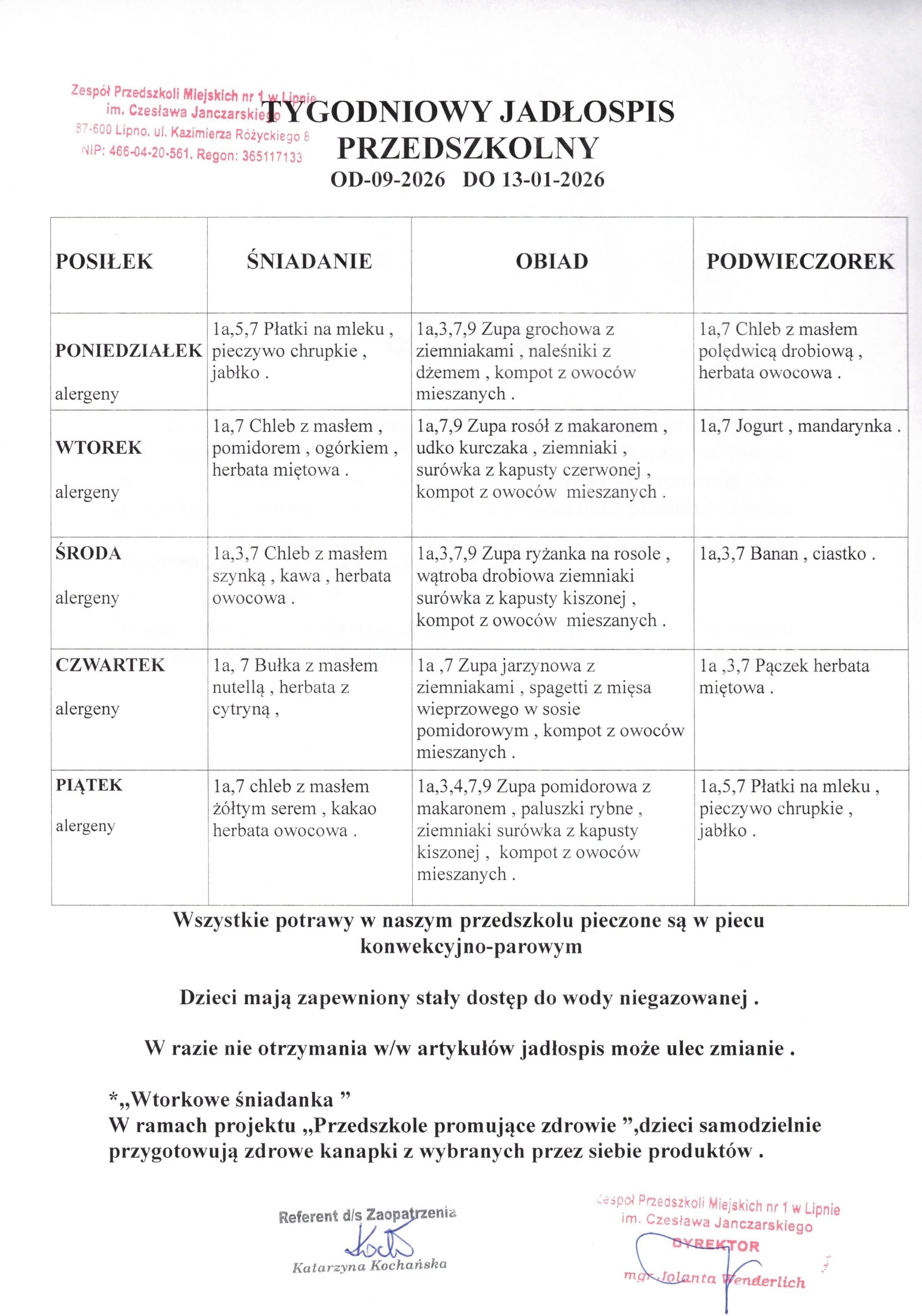 Jadłospis  od 09.02.2026 do 13.02.2026