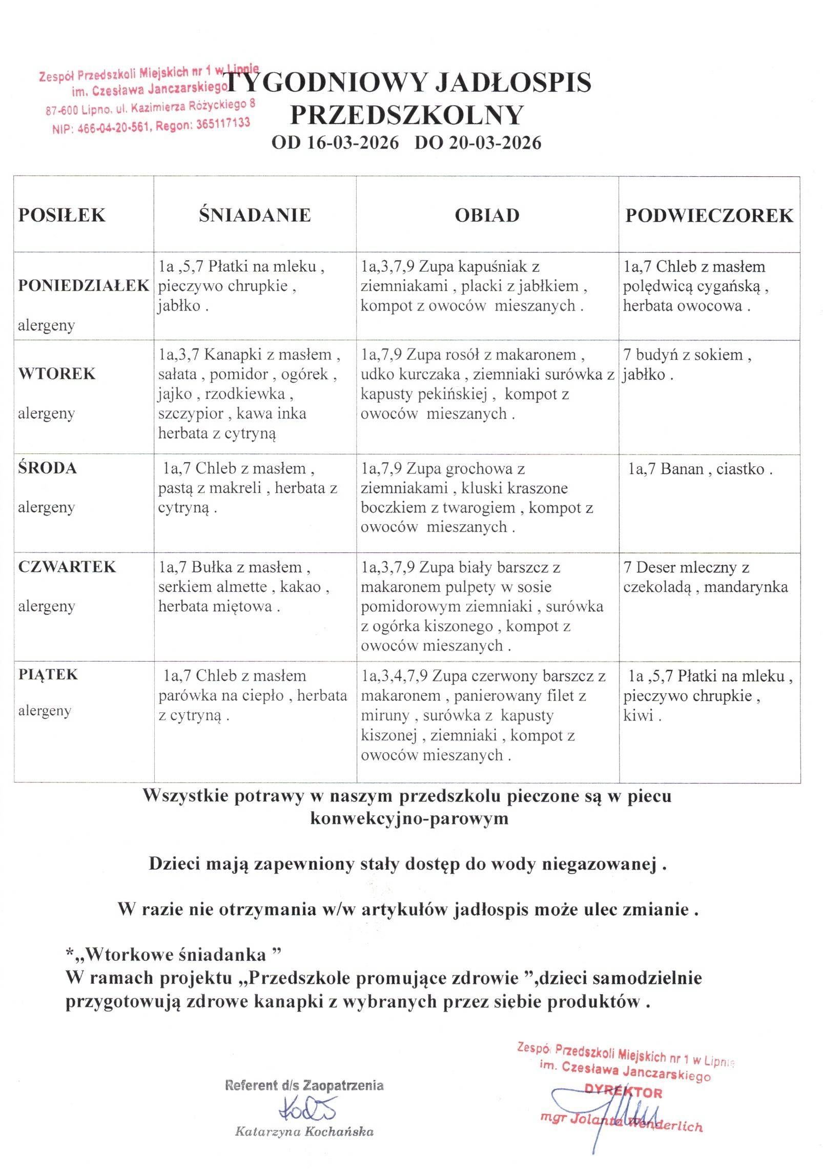 Jadłospis od 16.03 do 20.03