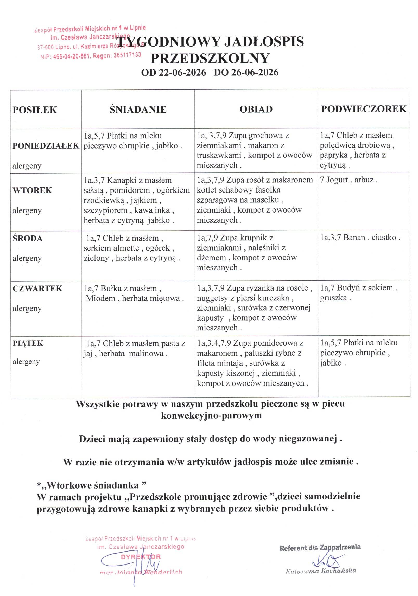 Jadłospis od 22.06 do 26.06