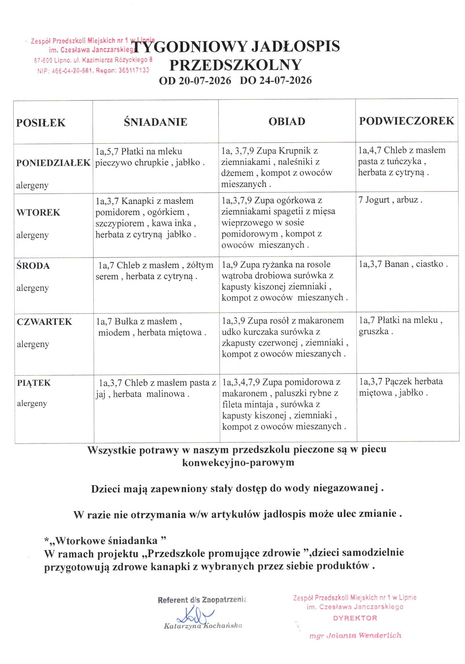 Jadłospis od 20.07 do 24.07