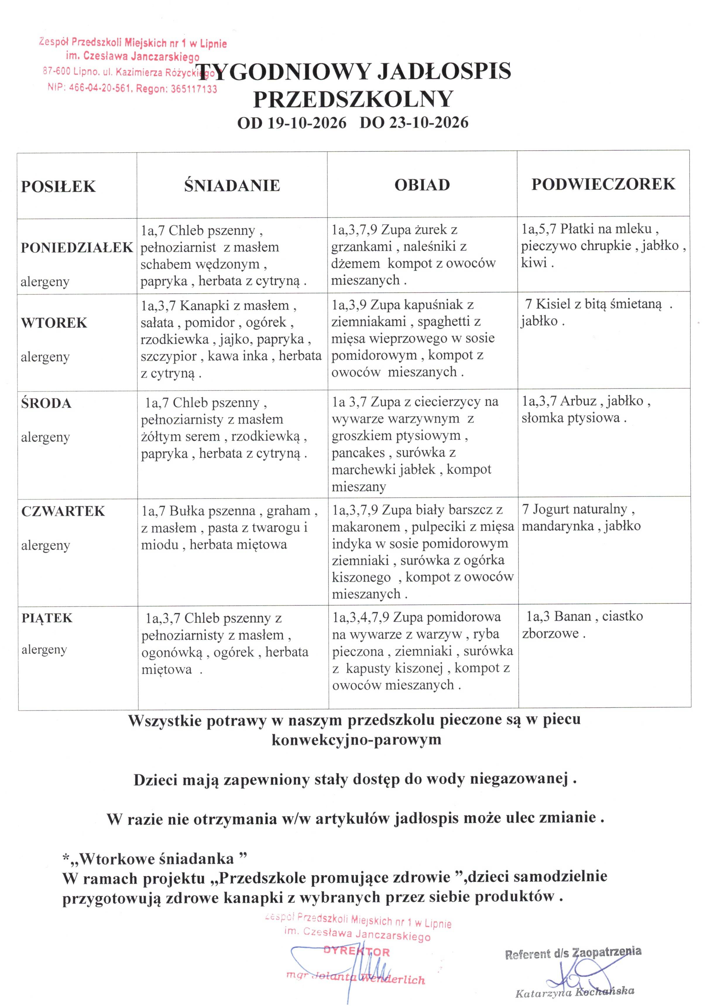 Jadłospis 19.10.2026 - 23.10.2026