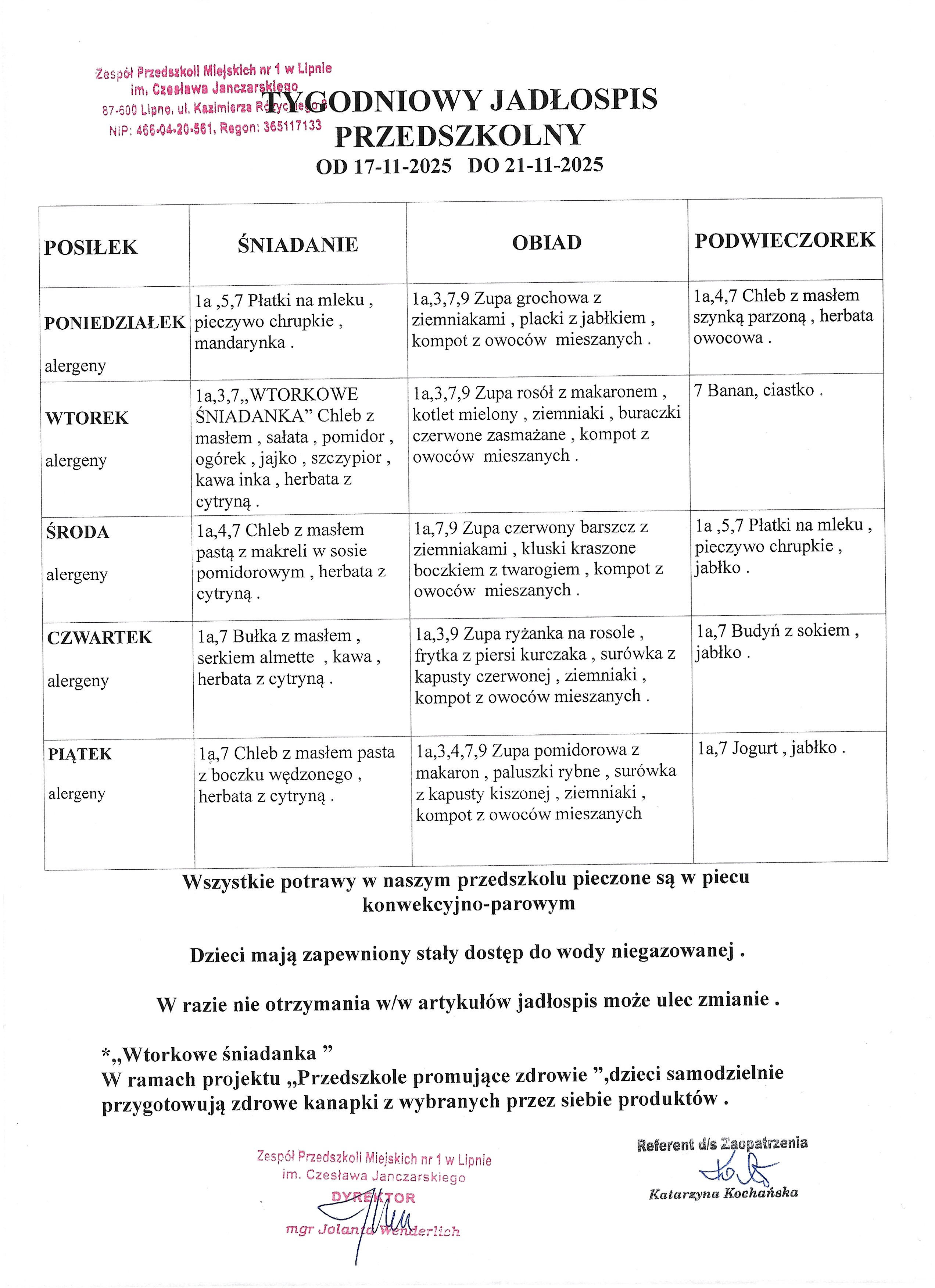 Jadłospis od 17.11.2025 r. do 21.11.2025 r.