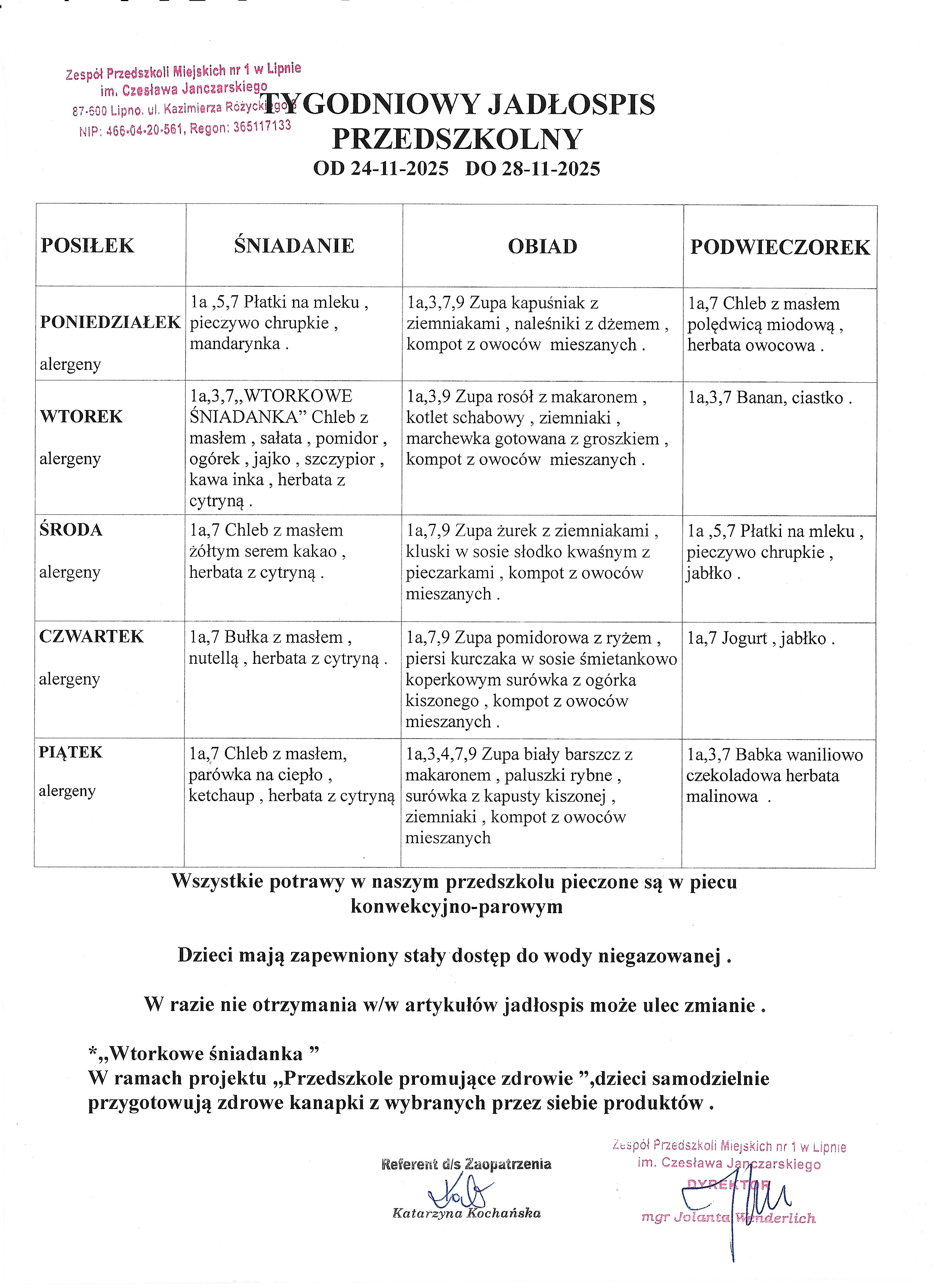 Jadłospis od 24.11.2025 do 28.11.2025