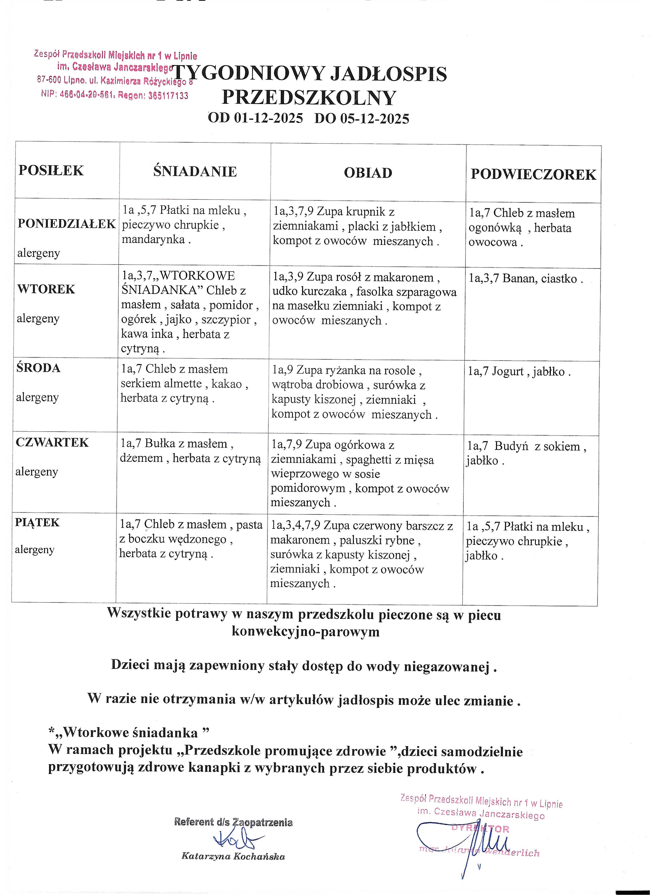 Jadłospis od 01.12.2025 do 05.12.2025 r.