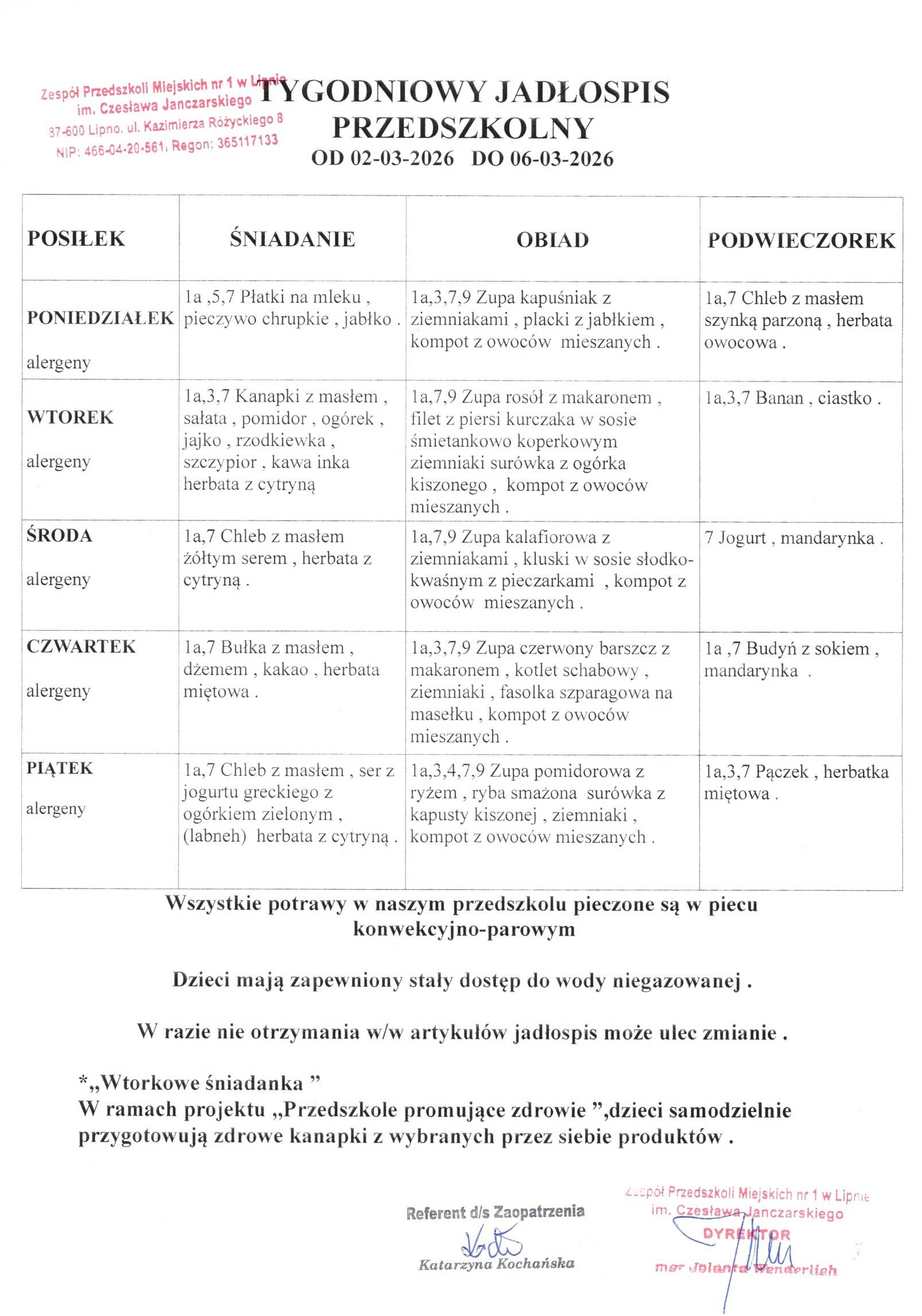 Jadłospis  od 02.03.2026 do 06.03.2026