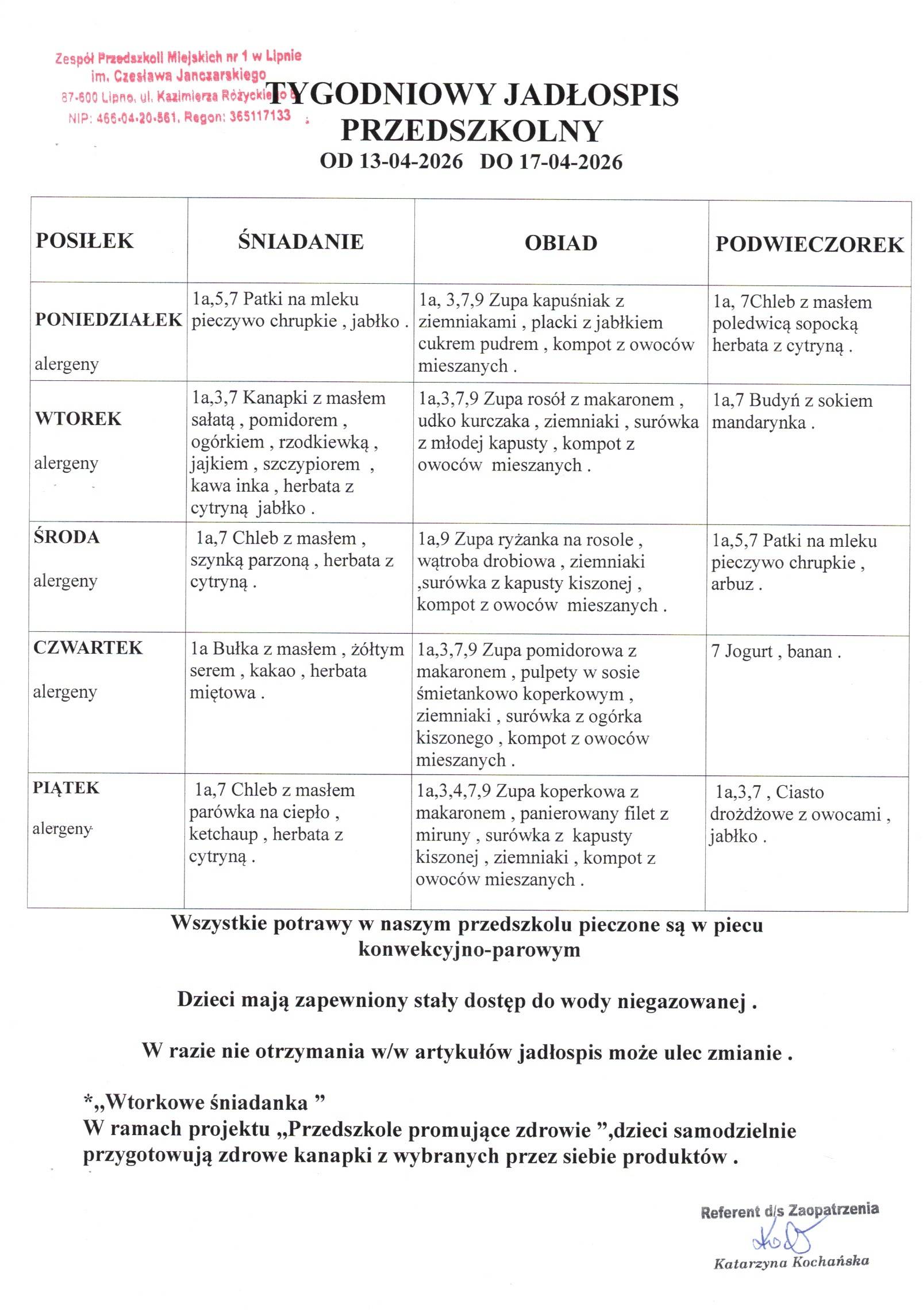 Jadłospis  od 13.04.2026 do 17.04.2026