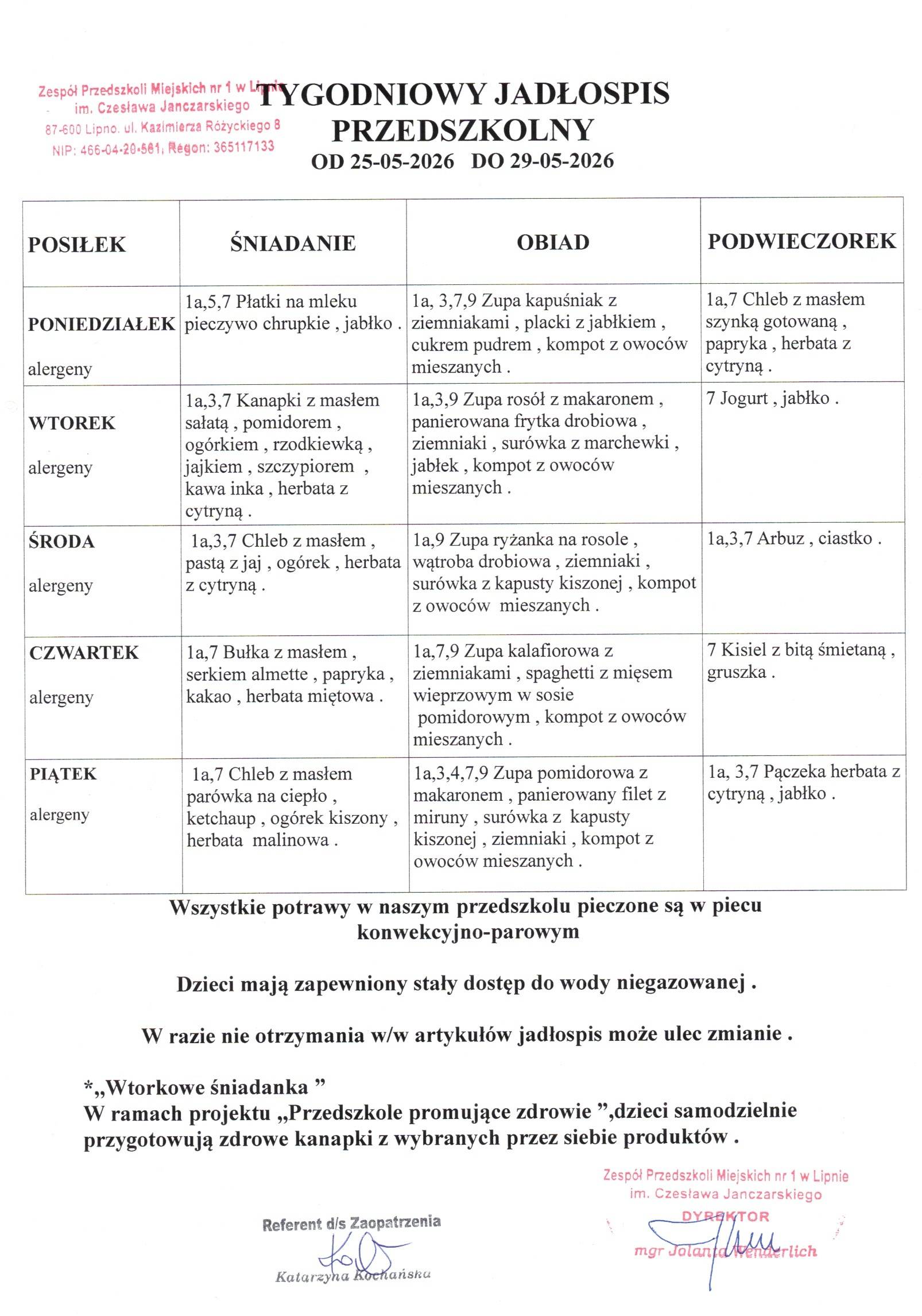 Jadłospis  od 25.05.2026 do 28.05.2026