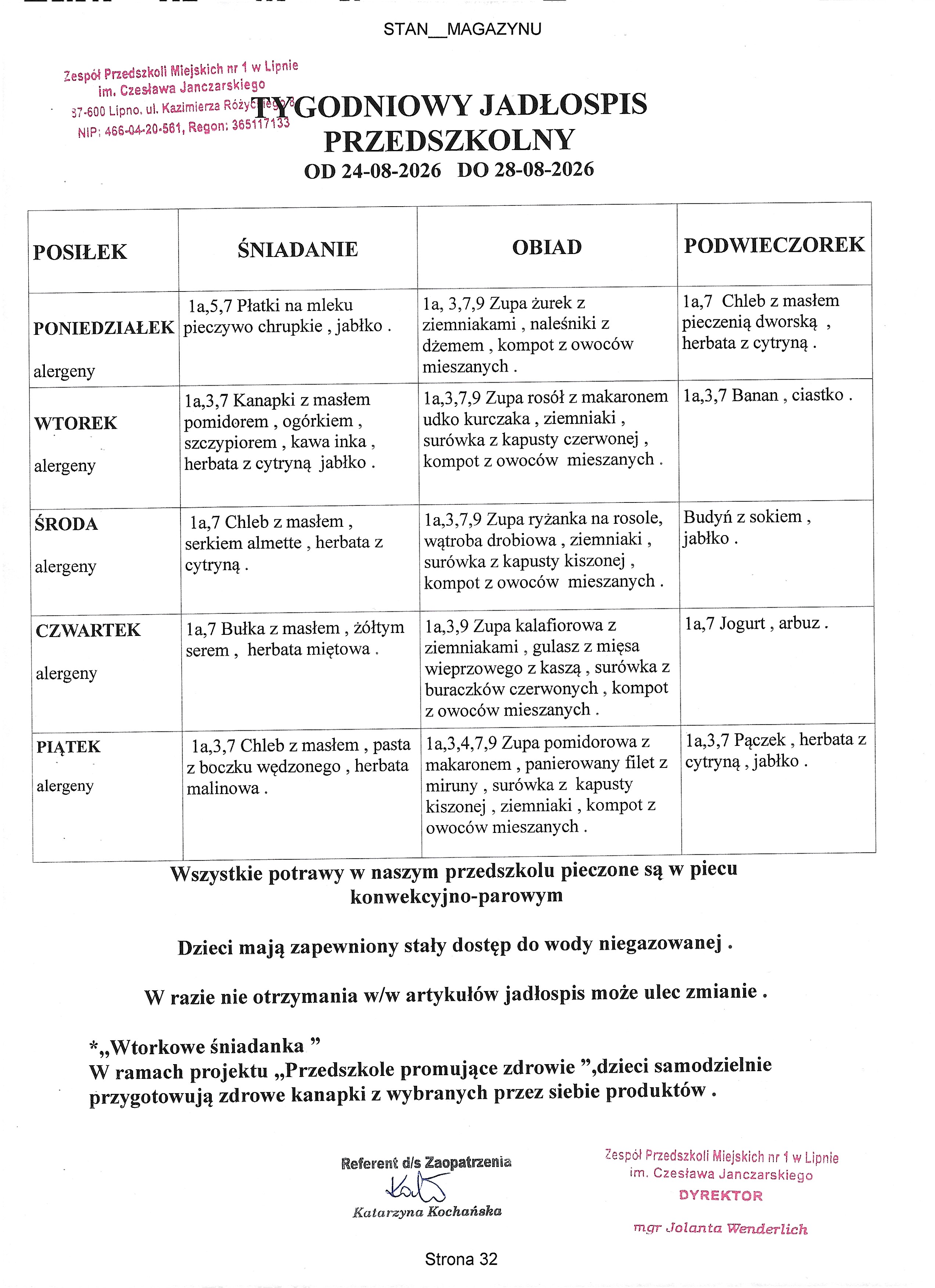 Jadłospis od 24.08.2026 do 28.08.2026