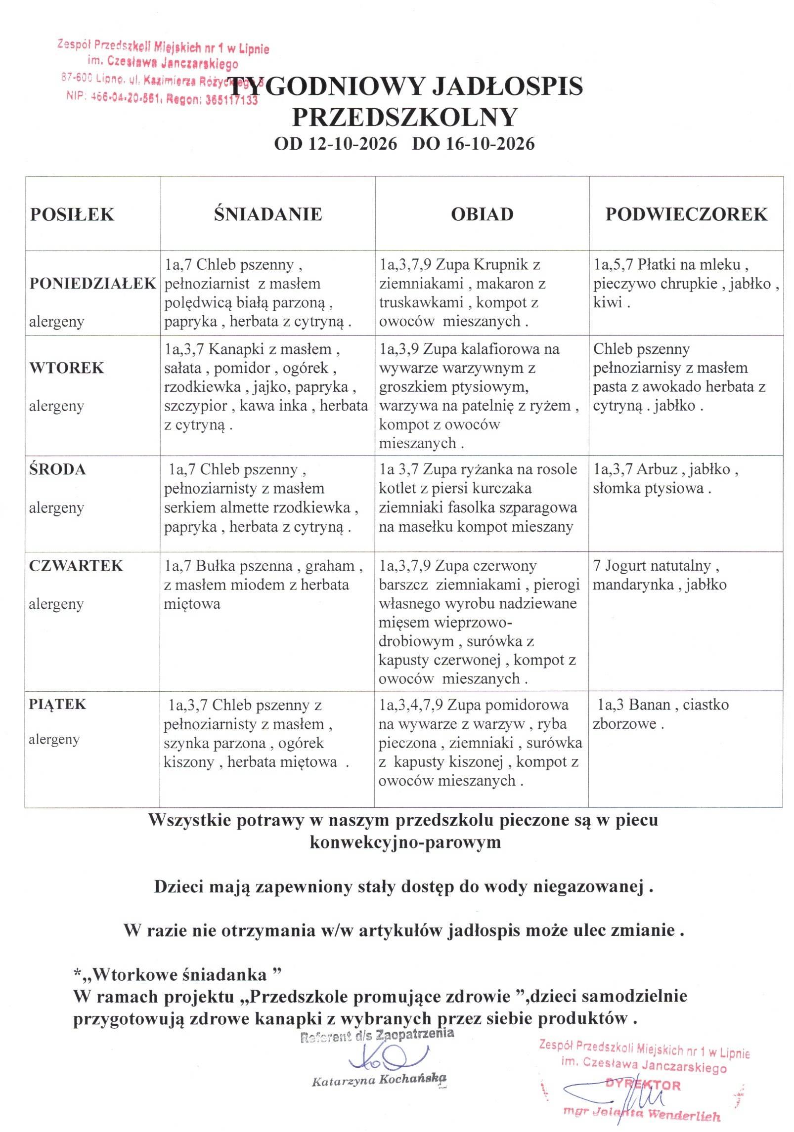 Jadłospis 12.10.2026 - 16.10.2026