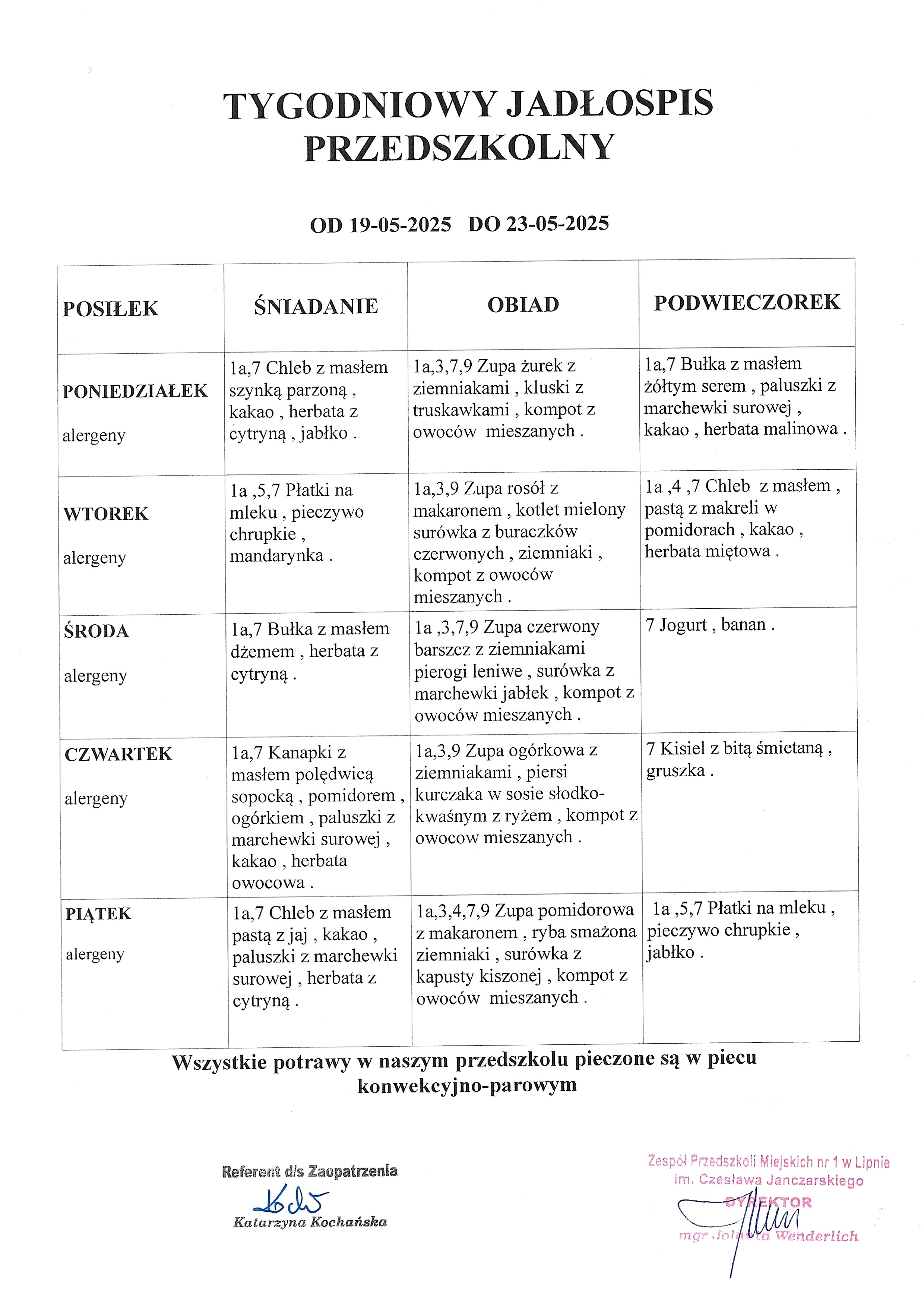Tygodniowy jadłospis przedszkolny od 19.05 do 23.05